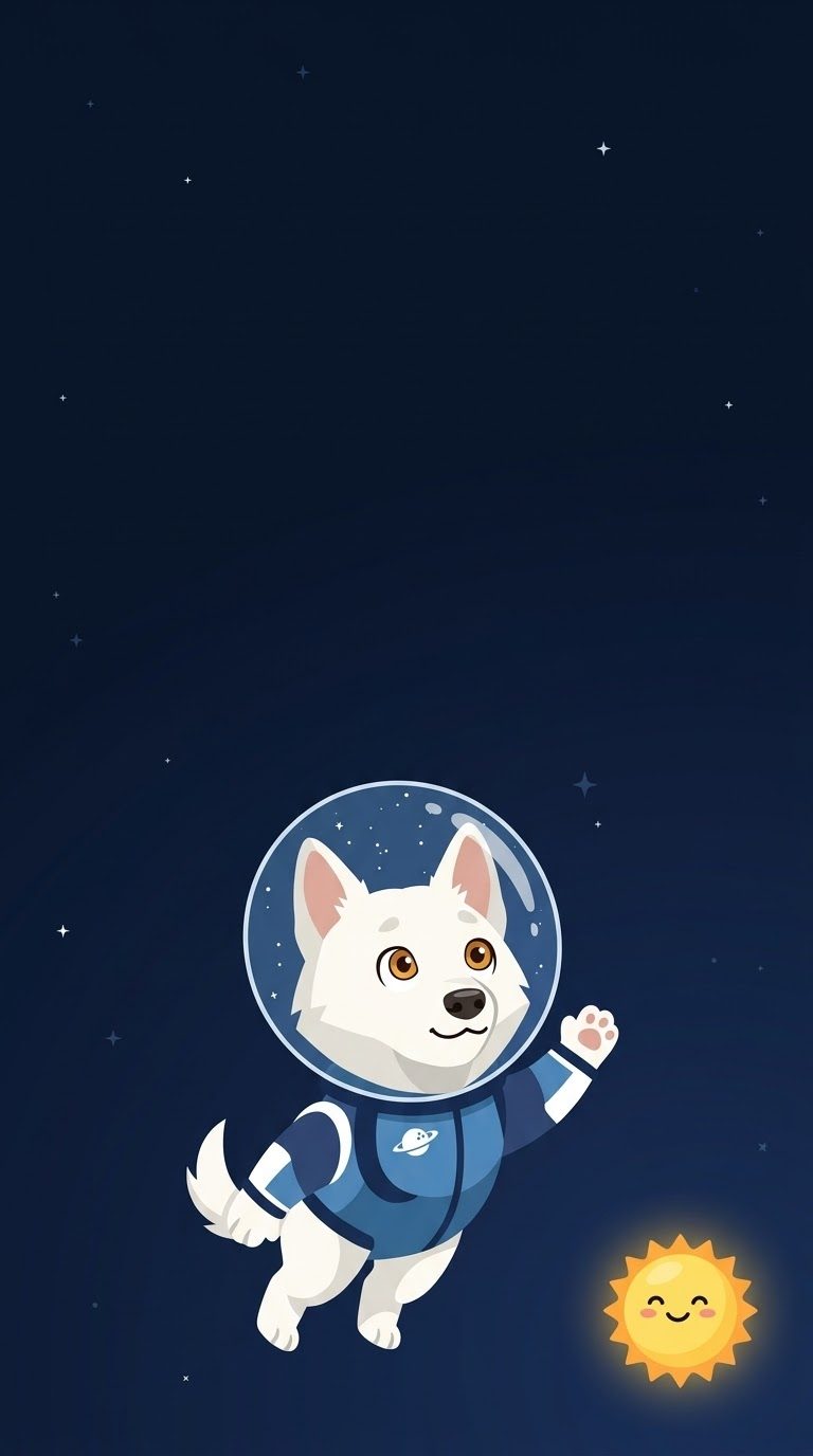 Gaia, una perrita blanca astronauta con traje azul y casco de burbuja, saludando con la patita junto a un sol sonriente