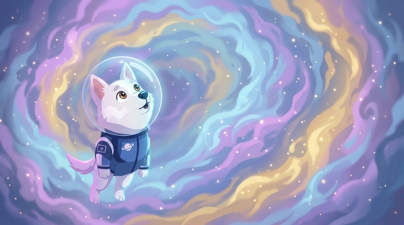 Gaia mirando hacia arriba dentro de una nebulosa de colores lila, azul y dorado